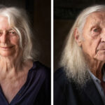 Zwei Portraits vor schwarzem Hintergrund: links ältere Frau mit weißem Haar und V-Ausschnitt, rechts älterer Mann mit langem weißen Haar und hellem Hemd unter schwarzer Jacke: Großer BDA-Preis 2023.
