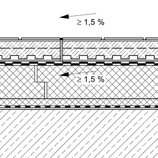 Ein typischer Querschnitt von Dachterrassen: keramischer Plattenbelag im Klebebett auf Estrich und Dränschicht, Warmdachaufbau